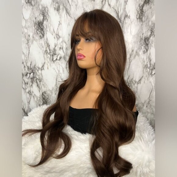 28 Inch Wig Brown Loose Wavy Wig With Bangs long Luxury hair - Picture 6 of 8